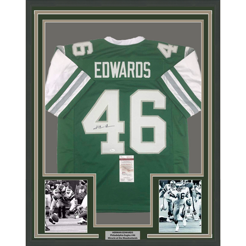 Framed Autographed/Signed Herman Herm Edwards 33x42 Green Jersey JSA COA