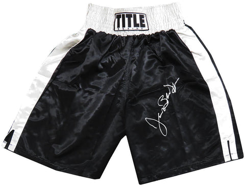 James Buster Douglas Signed Title Black & White Trim Boxing Trunks -SCHWARTZ COA