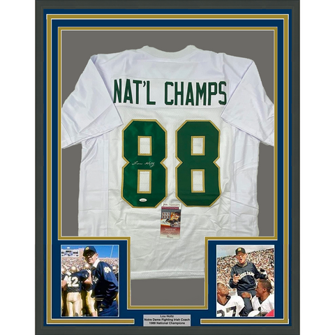 Framed Autographed Lou Holtz 33x42 88 National Champs Notre Dame Jersey JSA COA