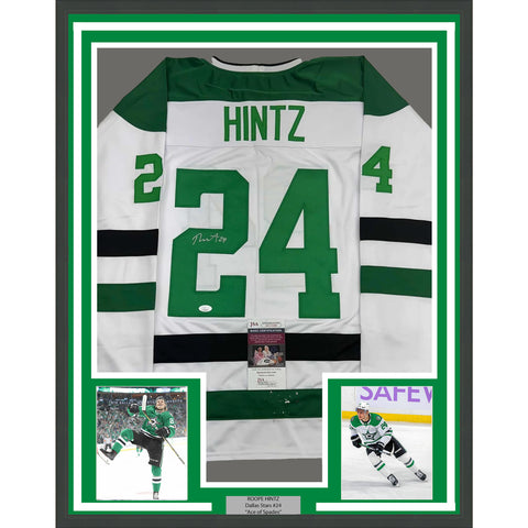 Framed Autographed/Signed Roope Hintz 35x39 Dallas White Hockey Jersey JSA COA