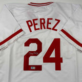 Autographed/Signed Tony Perez Cincinnati White Baseball Jersey Beckett BAS COA