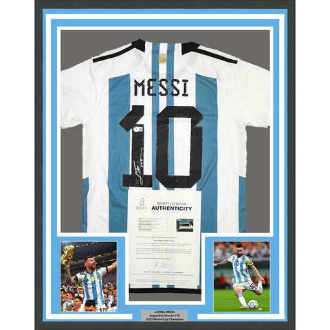 Framed Autographed/Signed Lionel Leo Messi 35x39 Argentina Jersey BAS COA/LOA #2