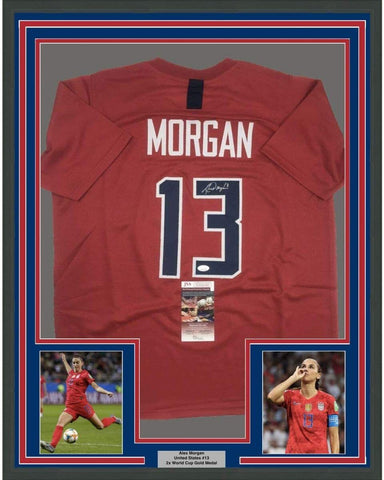 Framed Autographed/Signed Alex Morgan 35x39 Red World Cup Jersey JSA COA