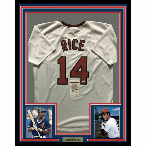 FRAMED Autographed/Signed JIM RICE 33x42 Boston White Baseball Jersey JSA COA