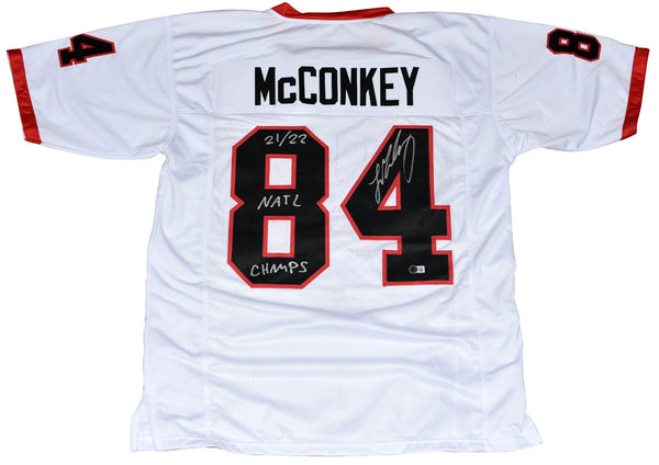 LADD McCONKEY SIGNED GEORGIA BULLDOGS #84 WHITE JERSEY + 21/22 NATL CHAMPS