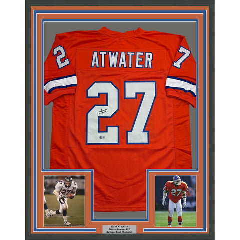 Framed Autographed/Signed Steve Atwater 35x39 Denver Retro Orange Jersey BAS COA