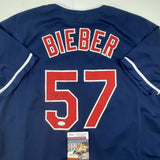 Autographed/Signed SHANE BIEBER Cleveland Blue Baseball Jersey JSA COA Auto