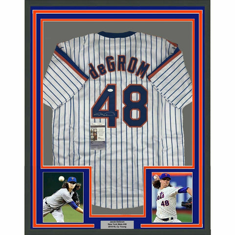 FRAMED Autographed/Signed JACOB DEGROM 33x42 New York Pinstripe Jersey JSA COA