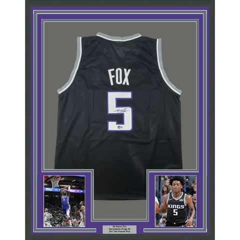 FRAMED Autographed/Signed DE'AARON FOX 33x42 Sacramento Black Jersey BAS COA