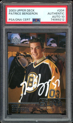 2003-04 UD Young Guns #204 Patrice Bergeron RC On Card PSA/DNA Authentic Auto 10