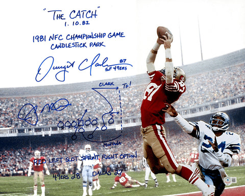 JOE MONTANA & DWIGHT CLARK AUTOGRAPHED 16X20 PHOTO CATCH SKETCH BECKETT 232733