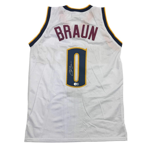 Autographed/Signed Christian Braun Denver White Basketball Jersey Beckett COA