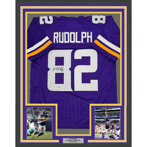 Framed Autographed/Signed Kyle Rudolph 35x39 Minnesota Purple Jersey Beckett COA