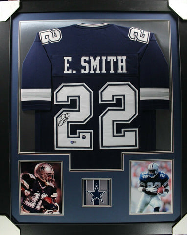 EMMITT SMITH (Cowboys blue TOWER) Signed Autographed Framed Jersey Beckett