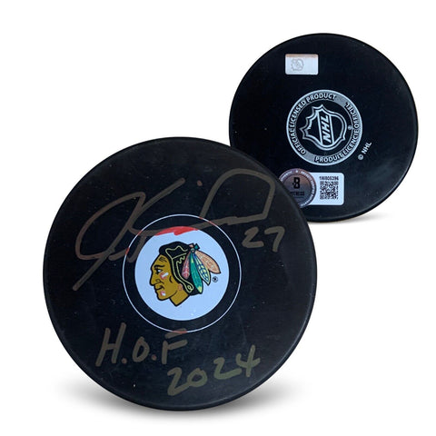 Jeremy Roenick Autographed Chicago Blackhawks Hockey Puck HOF 2024 Beckett COA