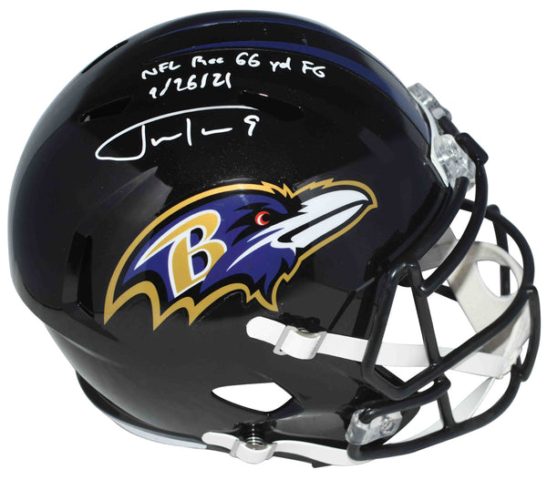 JUSTIN TUCKER SIGNED BALTIMORE RAVENS FULL SIZE SPEED HELMET W/ RECORD 66 YD FG