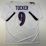 Autographed/Signed Justin Tucker Baltimore White Football Jersey JSA COA