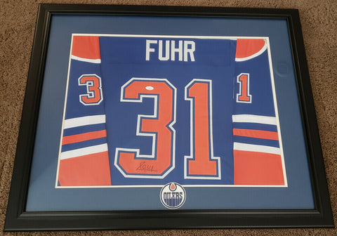 Grant Fuhr Signed Edmonton Oilers 30x36 Custom Framed Jersey Display (JSA COA)