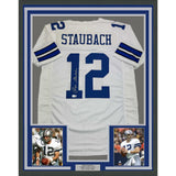 Framed Autographed/Signed Roger Staubach 35x39 Dallas White Jersey Beckett COA