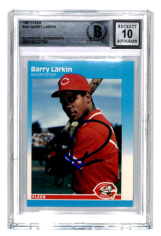 Barry Larkin Signed 1987 Fleer #204 Trading Card Grade 10 Beckett 44499