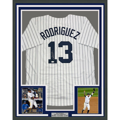 Framed Autographed/Signed Alex Rodriguez 35x39 New York Pinstripe Jersey JSA COA