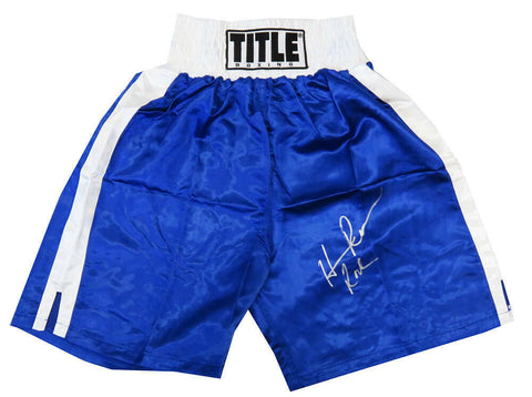 Hasim Rahman Signed Title Blue With White Waist Boxing Trunks w/Rock - SCHWARTZ