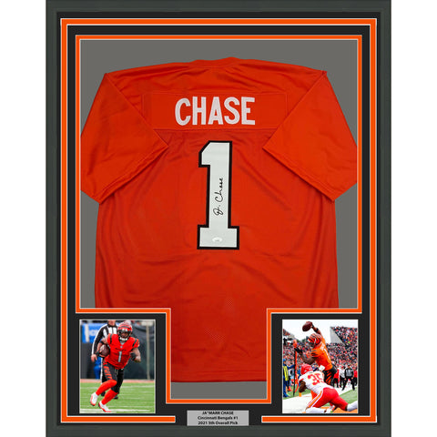 Framed Autographed/Signed Ja'Marr Chase 35x39 Cincinnati Orange Jersey JSA COA