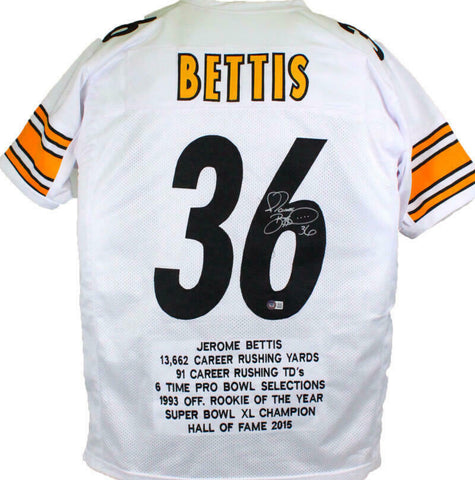 Jerome Bettis Autographed White Pro Style STAT Jersey - Beckett W Hologram