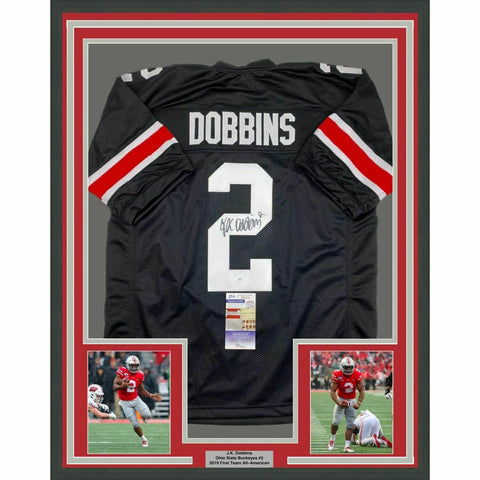 FRAMED Autographed/Signed JK J.K. DOBBINS 33x42 Ohio State Black Jersey JSA COA