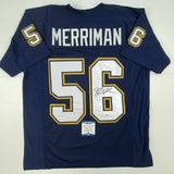 Autographed/Signed SHAWNE MERRIMAN San Diego Dark Blue Football Jersey BAS COA