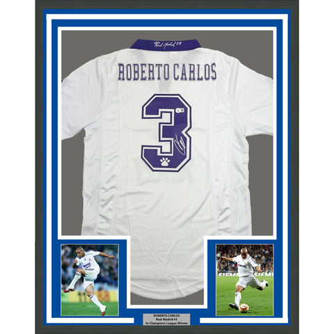 Framed Autographed/Signed Roberto Carlos 35x39 Real Madrid Jersey Beckett COA #2