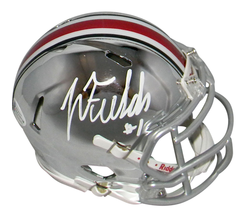 JUSTIN FIELDS AUTOGRAPHED OHIO STATE BUCKEYES CHROME SPEED MINI HELMET BECKETT