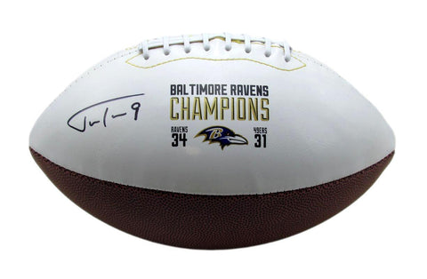 Justin Tucker Signed/Auto White Ravens Logo SB XLVII Champs Football JSA 189765