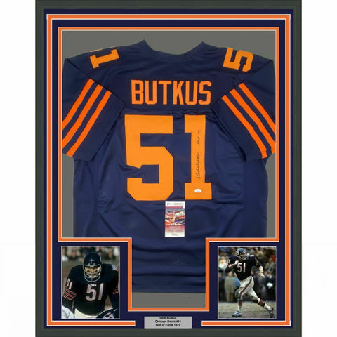 FRAMED Autographed/Signed DICK BUTKUS HOF 79 33x42 Chicago Retro Jersey JSA COA