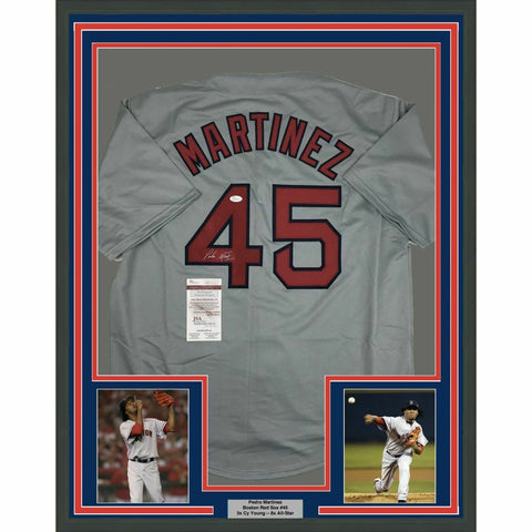 FRAMED Autographed/Signed PEDRO MARTINEZ 33x42 Boston Grey Jersey JSA COA Auto