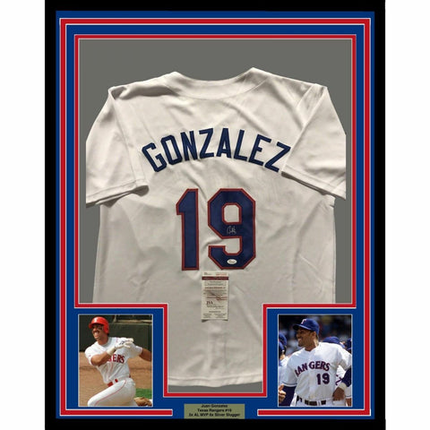 FRAMED Autographed/Signed JUAN GONZALEZ 33x42 Texas White Jersey JSA COA Auto