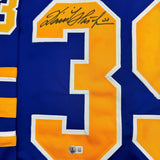 Framed Autographed/Signed Dominik Hasek 35x39 Buffalo Blue Hockey Jersey BAS COA