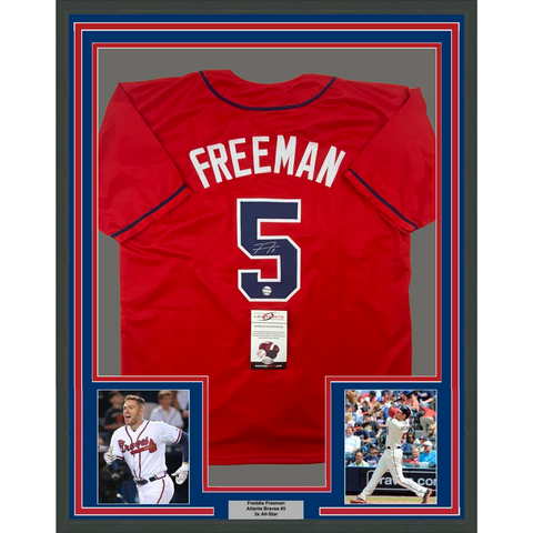 Framed Autographed/Signed Freddie Freeman 33x42 Atlanta Red Jersey Lojo COA