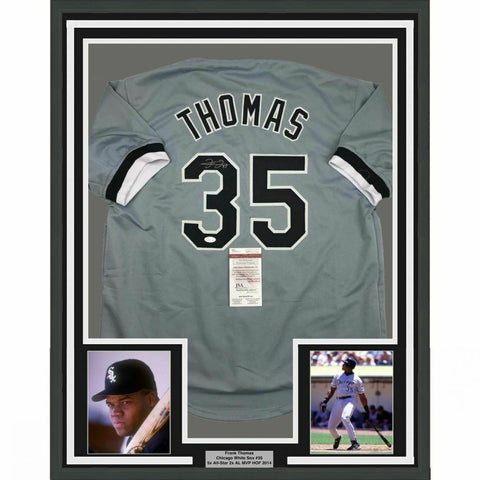 FRAMED Autographed/Signed FRANK THOMAS 33x42 Chicago Grey Jersey JSA COA Auto