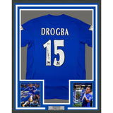 Framed Autographed/Signed Didier Drogba #15 35x39 Chelsea FC Blue Jersey BAS COA