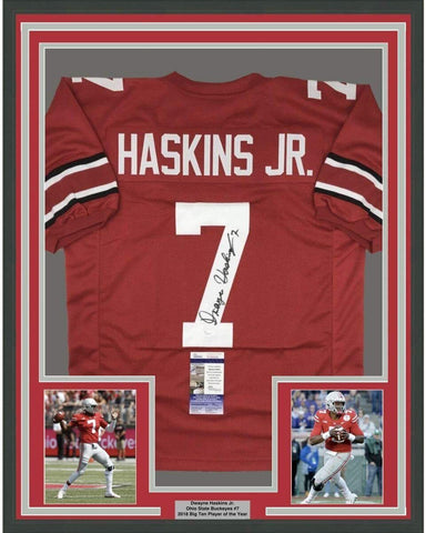 Framed Autographed/Signed Dwayne Haskins Jr. 35x39 Ohio State Red Jersey JSA COA