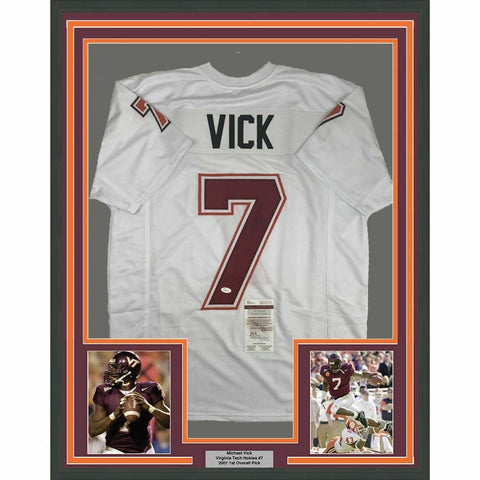 FRAMED Autographed/Signed MICHAEL MIKE VICK 33x42 VT White Jersey JSA COA