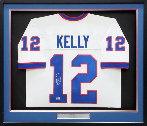 BUFFALO BILLS JIM KELLY AUTOGRAPHED FRAMED WHITE JERSEY BECKETT WITNESS 210984