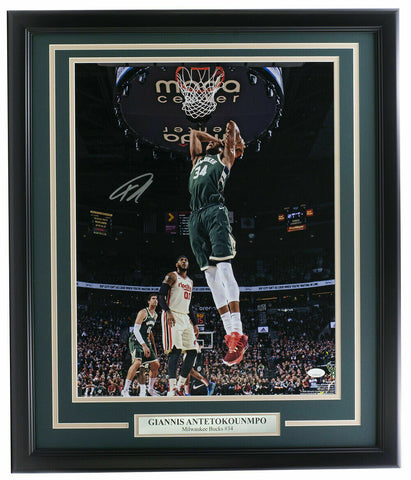 Giannis Antetokounmpo Signed Framed 16x20 Photo vs. Trailblazers JSA