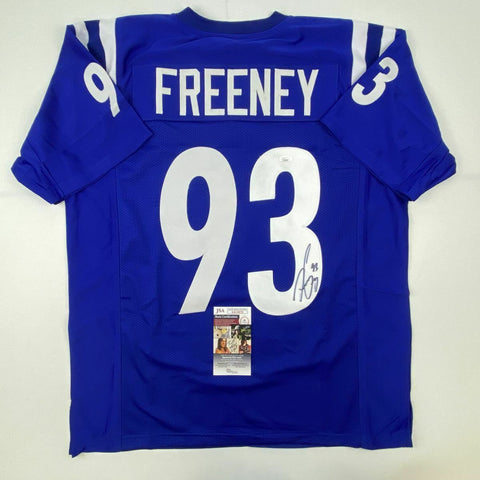 Autographed/Signed DWIGHT FREENEY Indianapolis Blue Football Jersey JSA COA Auto