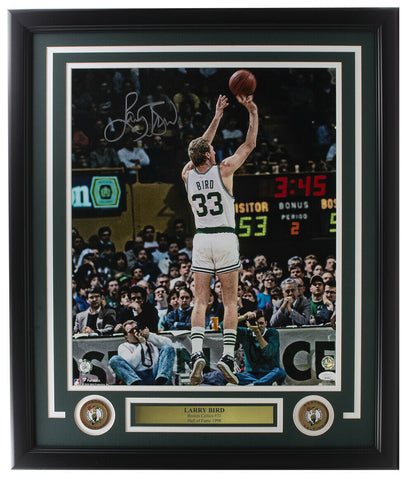 Larry Bird Signed Framed 16x20 Boston Celtics Jump Shot Photo JSA