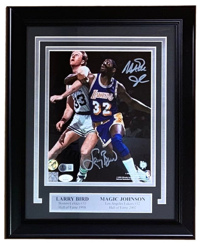 Larry Bird Magic Johnson Signed Framed 8x10 Celtics vs Lakers Photo JSA+BAS