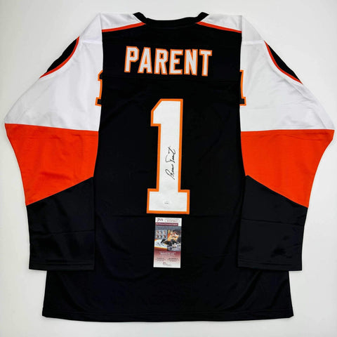 Autographed/Signed Bernie Parent Philadelphia Black Hockey Jersey JSA COA