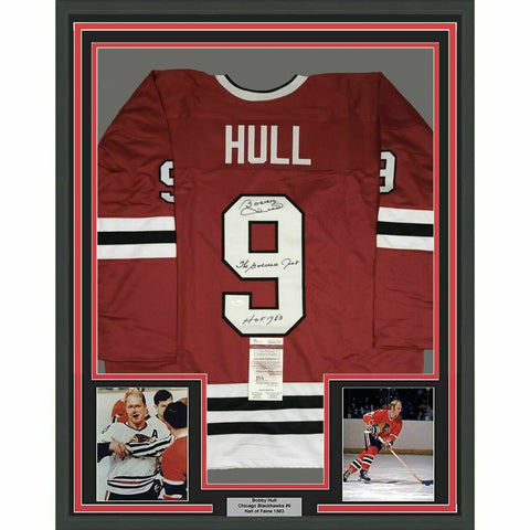 FRAMED Autographed/Signed BOBBY HULL HOF Golden Jet 33x42 Red Jersey JSA COA