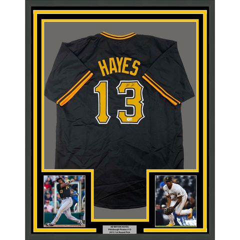 Framed Autographed/Signed Ke'Bryan Hayes 33x42 Pittsburgh Black Jersey BAS COA